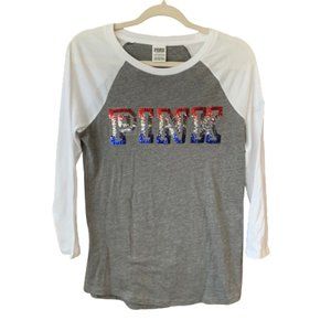 Women's Pink Victoria's Secret Sequins 3/4 Sleeve X-Small Gray White Shirt EUC